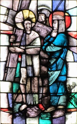 Simon van Cyrene helpt Jezus het kruis dragen
